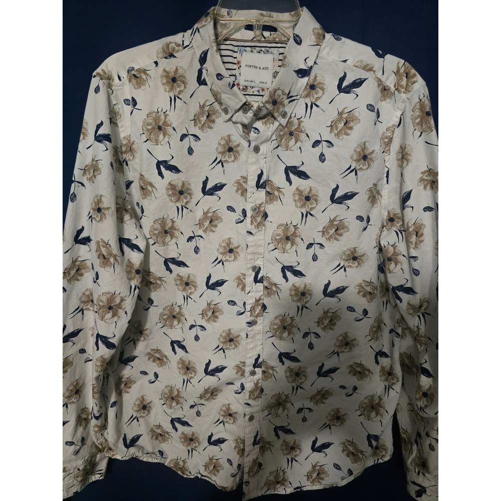 Porter & Ash Mens Floral Button Down Shirt Long Sleeve White Tan Navy Large